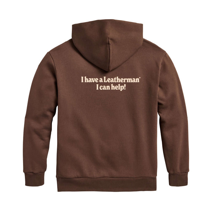 Back of the brown Mr. Wave Hoodie with the slogan "I have a Leatherman, I can help!"