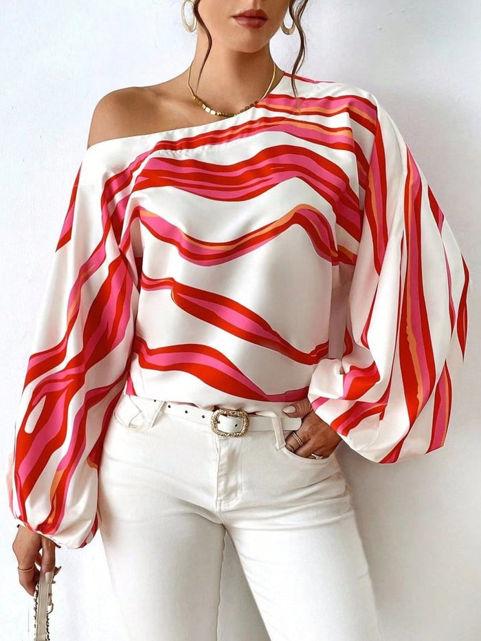 Off - Shoulder Wavy Stripe Short Sleeve Top - The PM Edit
