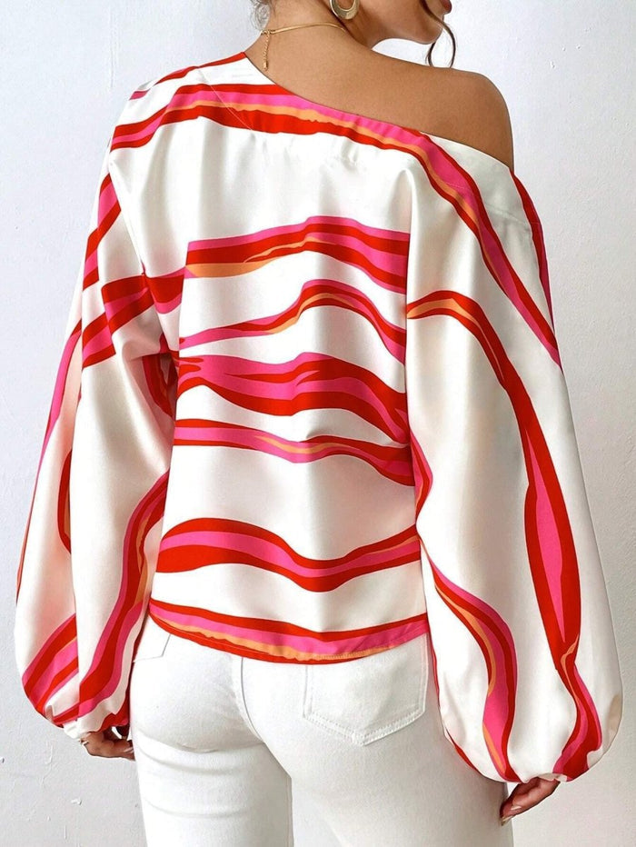 Off - Shoulder Wavy Stripe Short Sleeve Top - The PM Edit
