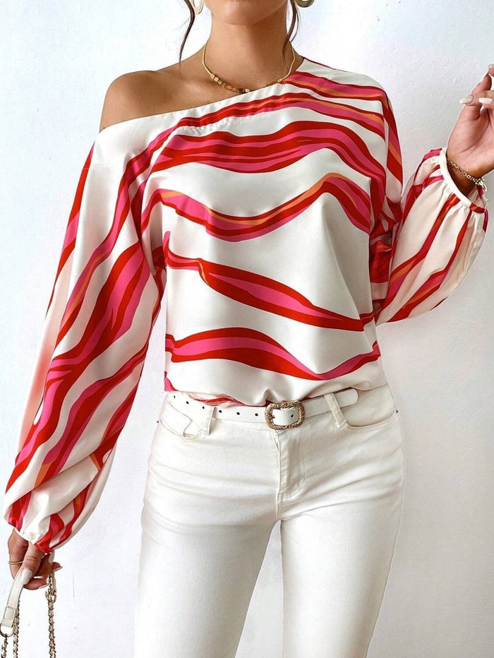 Off - Shoulder Wavy Stripe Short Sleeve Top - The PM Edit