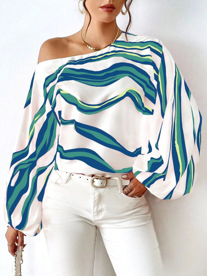 Off - Shoulder Wavy Stripe Short Sleeve Top - The PM Edit