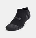 Under Armour Performance Tech™ No Show Socks in black with gray accents, cushioned footbed and moisture-wicking material, angled front view