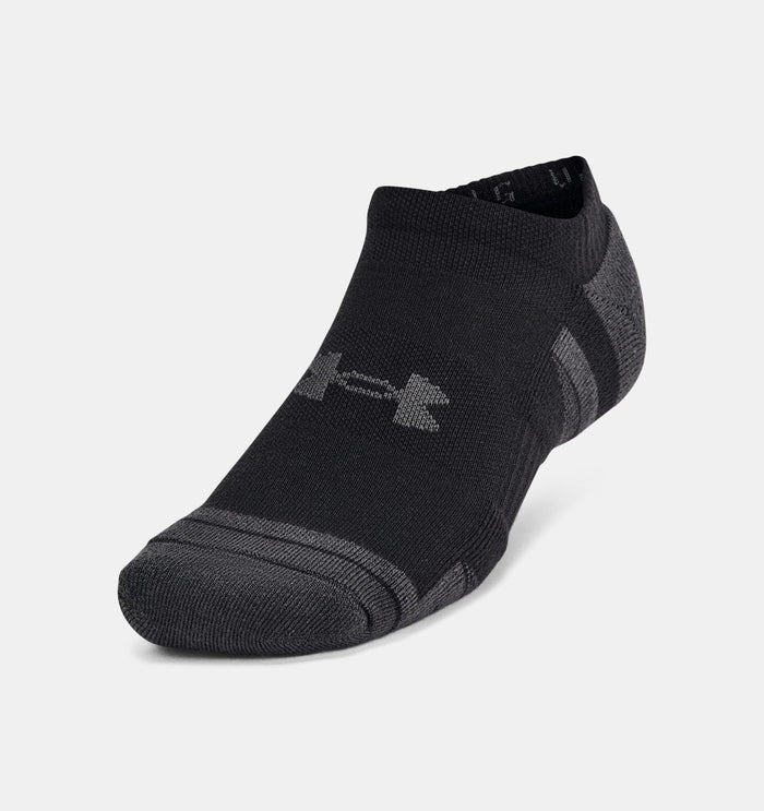 Under Armour Performance Tech™ No Show Socks in black with gray accents, cushioned footbed and moisture-wicking material, angled front view