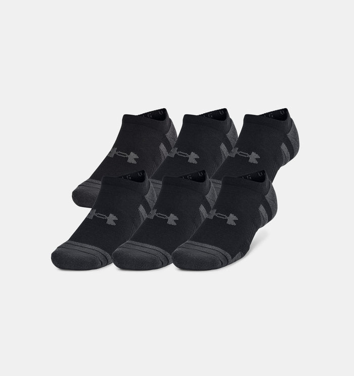 Under Armour Performance Tech™ No Show Socks 6-Pack in black and gray, featuring breathable material and reinforced toe detail, front view.