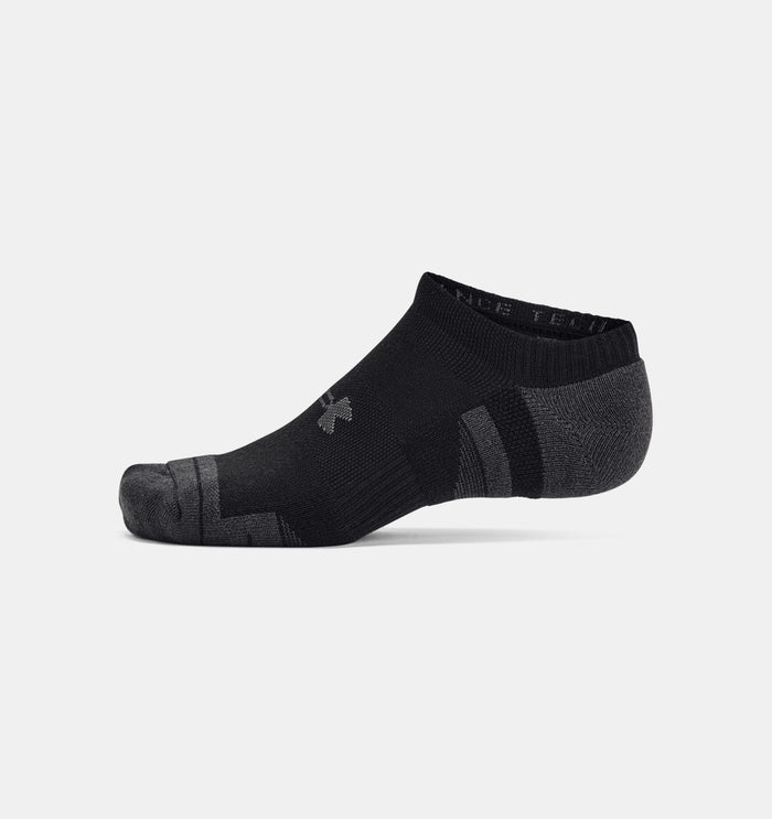 Under Armour Performance Tech™ No Show Socks in black with gray accents, side view showing lightweight, breathable design.
