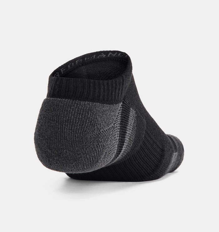 Under Armour Performance Tech™ No Show Socks 6-Pack, black and gray with ribbed cuffs and reinforced heel, back view.