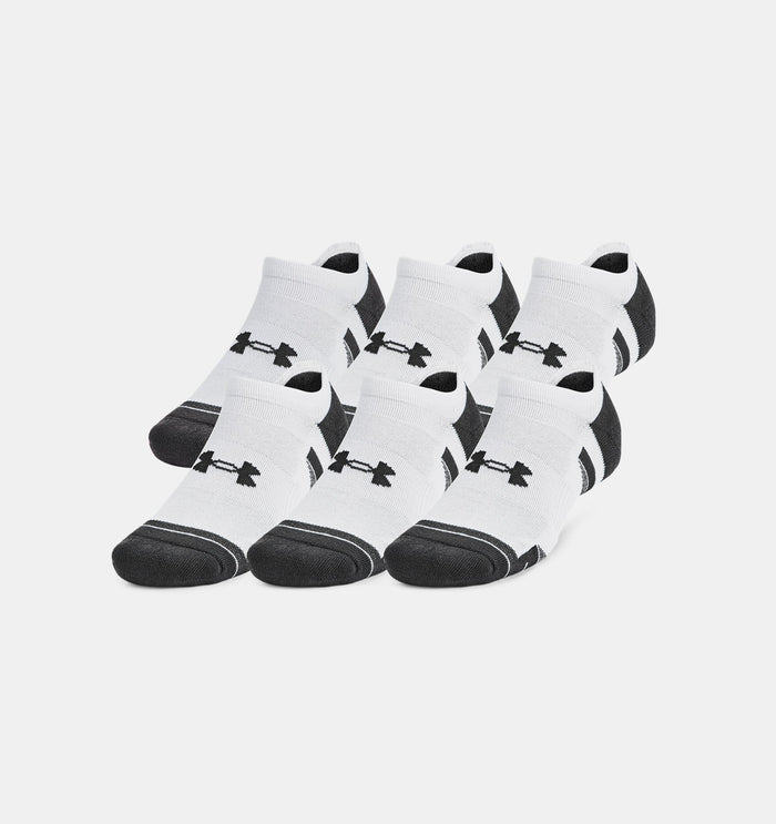 Under Armour Performance Tech™ No Show Socks 6-Pack, white socks with black accents and logo detailing, front angled view.