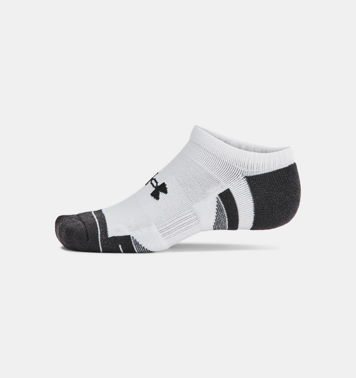 Under Armour Performance Tech™ No Show Socks in white and black with ribbed cuff and arch support, side view.