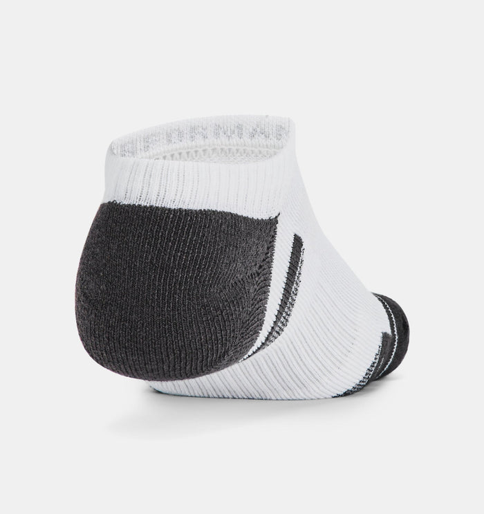 Under Armour Performance Tech™ No Show Socks 6-Pack in white and black with cushioned heel and toe, back view.