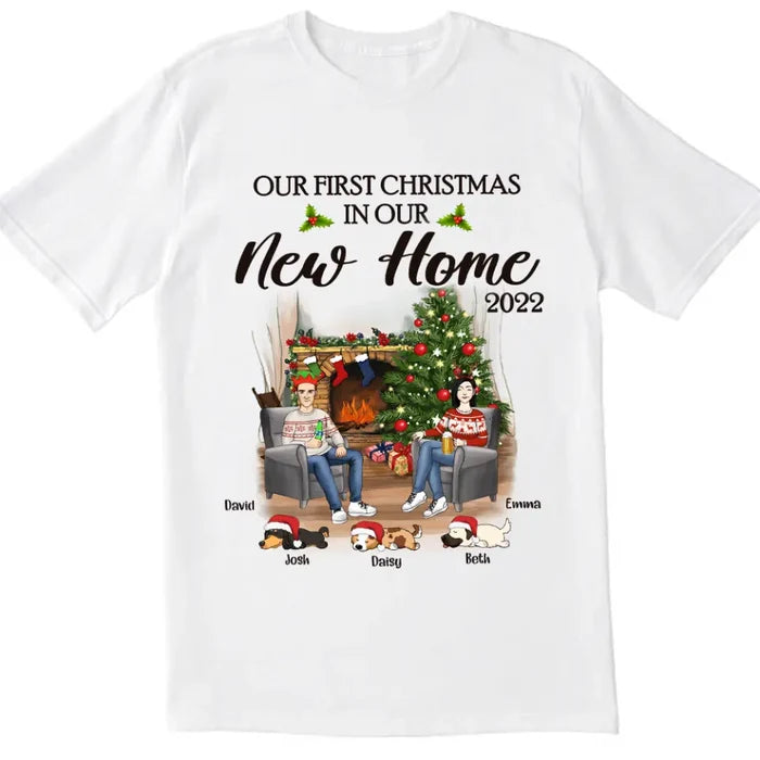 Personalized Our First Christmas In Our New Home 2022 Newlywed Couple Dog Mom Christmas Custom T-Shirt