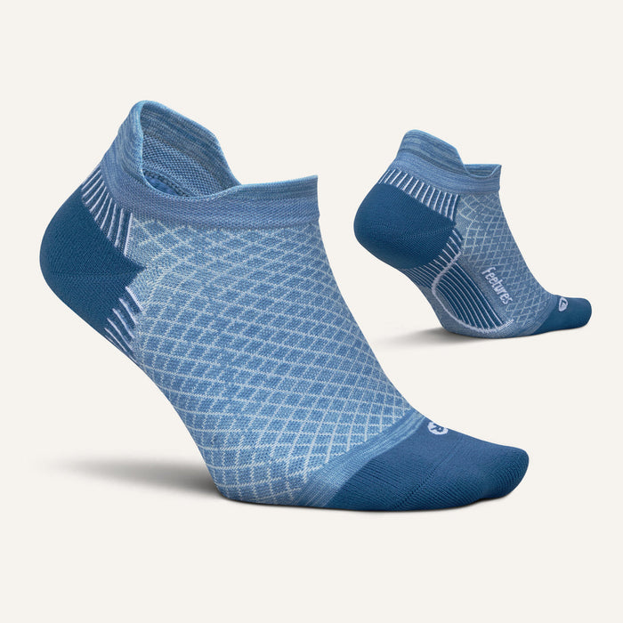 Feetures Plantar Fasciitis Relief Sock Light Cushion No Show Tab in blue, featuring targeted compression and breathable mesh design, angled view.