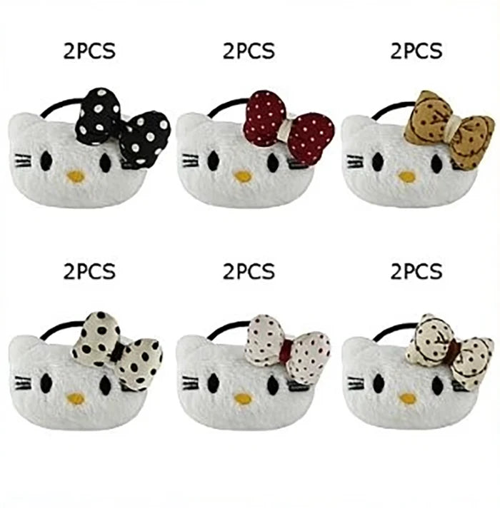 Plush Cartoon Cat Hair Ties with Polka Dot Bows – Soft Fluffy Kitten Elastic Hair Bands (RB-51278M)