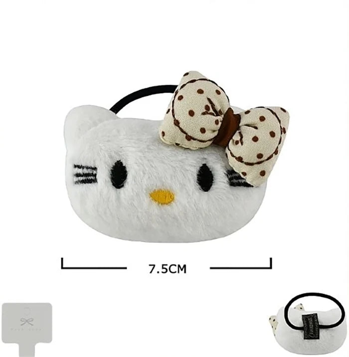 Plush Cartoon Cat Hair Ties with Polka Dot Bows – Soft Fluffy Kitten Elastic Hair Bands (RB-51278M)