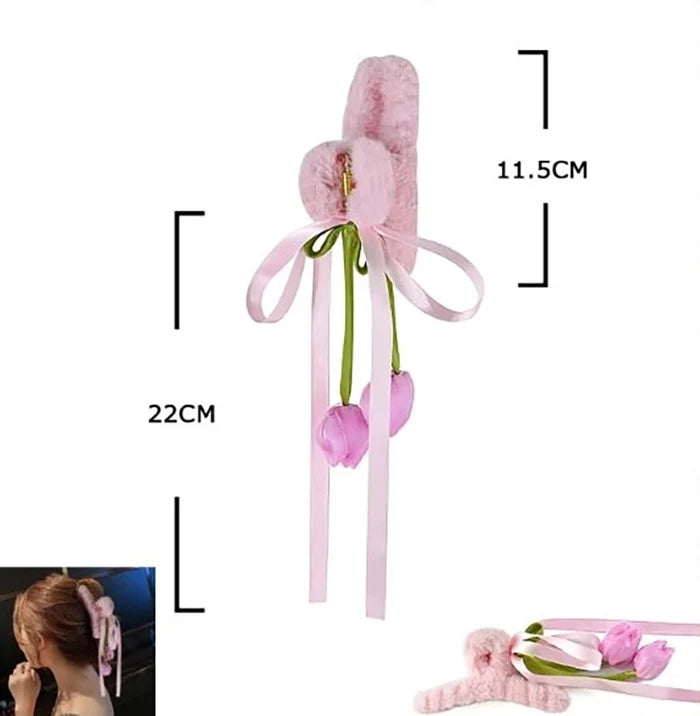 Plush Faux Fur Claw Clip with Ribbon and Tulip Charms – Cozy Floral Hair Jaw Clamp for Women and Girls (JC-11507M)