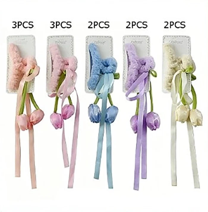 Plush Faux Fur Claw Clip with Ribbon and Tulip Charms – Cozy Floral Hair Jaw Clamp for Women and Girls (JC-11507M)