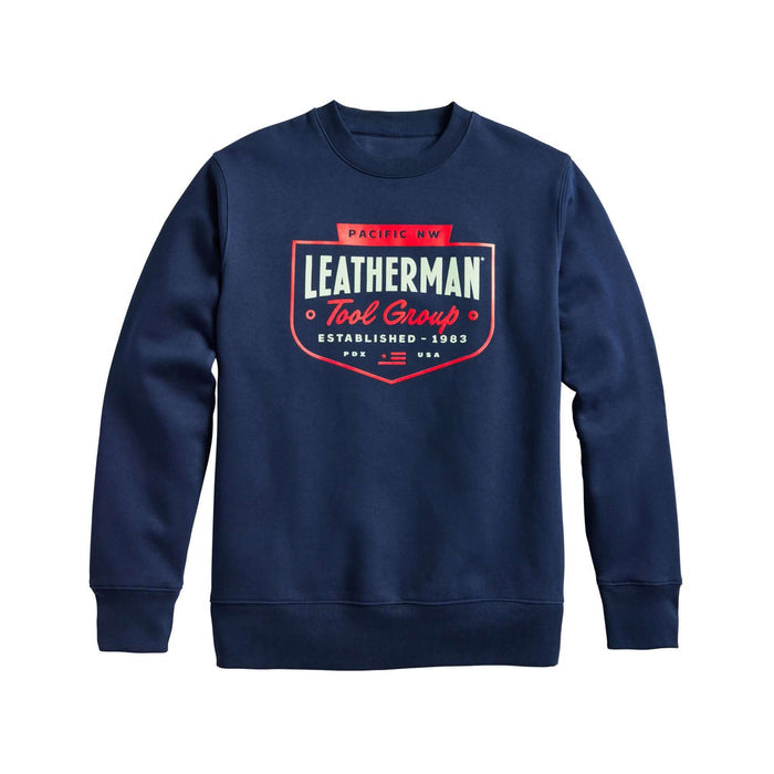 Navy crewneck with the Leatherman Pacific Northwest logo. Established 1983.