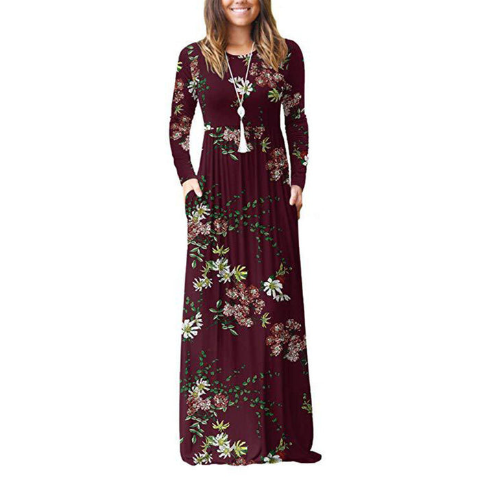 Pocket Dress Round Neck Waist Long Skirt