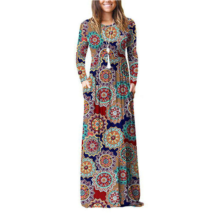 Pocket Dress Round Neck Waist Long Skirt