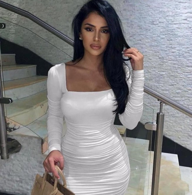 Pure color basic slim slimming pleated hip dress
