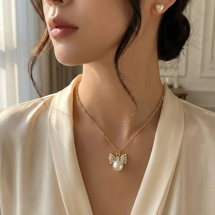 Rhinestone Bow & Pearl Jewelry Set (NCM-1059GS)