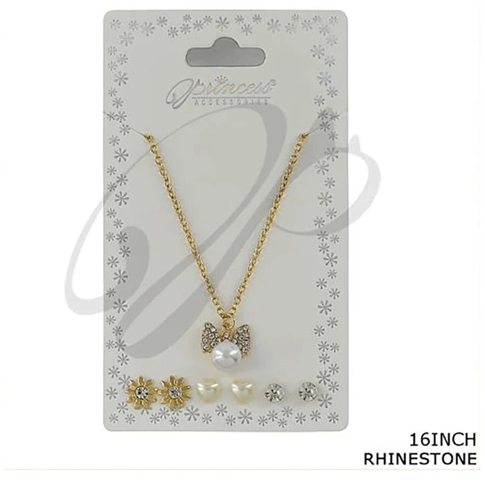 Rhinestone Bow & Pearl Jewelry Set (NCM-1059GS)
