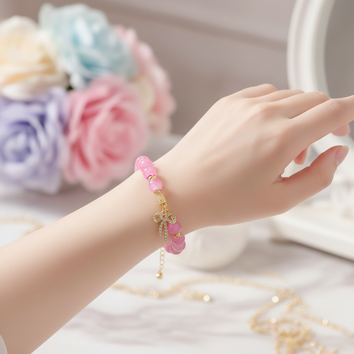 Rhinestone Bow Ribbon Beaded Stretch Bracelet – 10mm Crackle Marble Stone Charm Bracelets for Women (BRC-43691Y)