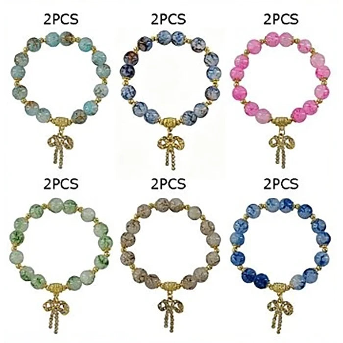 Rhinestone Bow Ribbon Beaded Stretch Bracelet – 10mm Crackle Marble Stone Charm Bracelets for Women (BRC-43691Y)