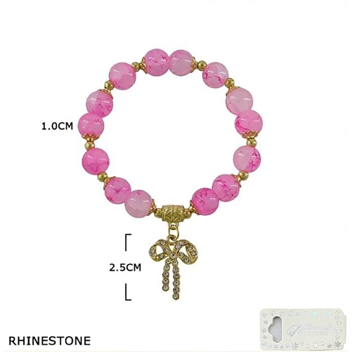 Rhinestone Bow Ribbon Beaded Stretch Bracelet – 10mm Crackle Marble Stone Charm Bracelets for Women (BRC-43691Y)