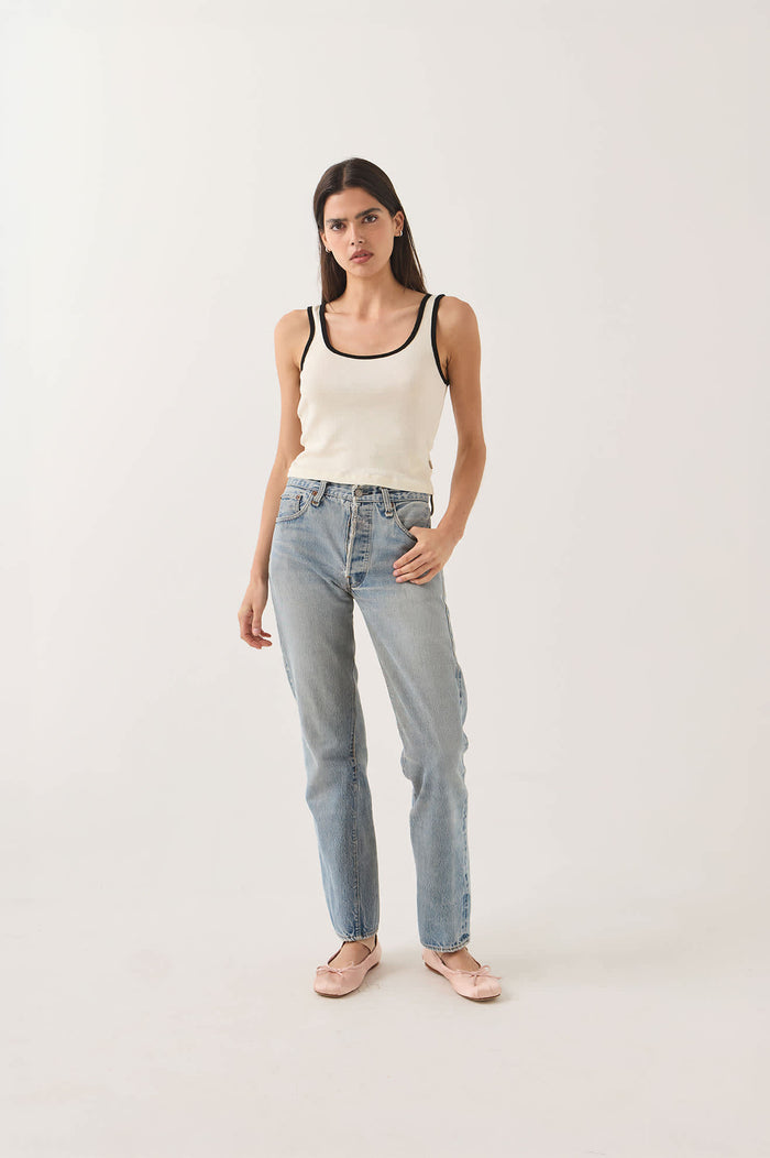 Women's Ringer Organic A-Tank in the color Off White/Black - Women's Front Fit Image