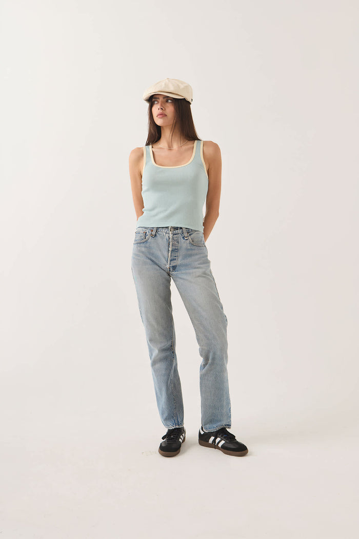 Women's Ringer Organic A-Tank in the color Sea Grass/Waxed Paper - Women's Front Fit Image