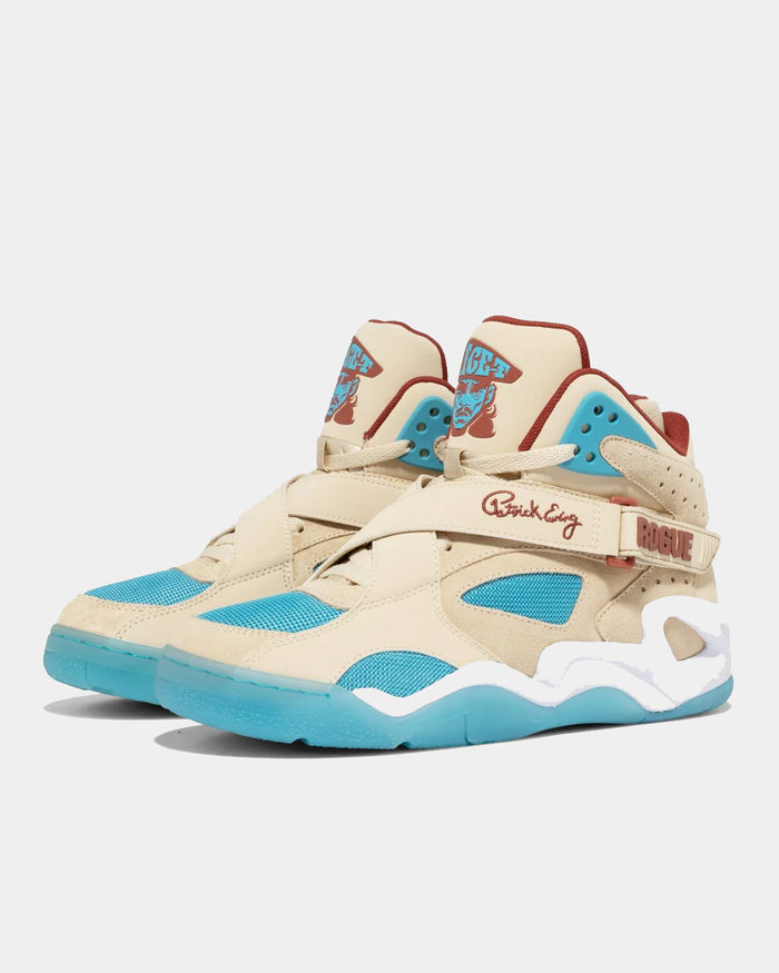 Ewing Athletics ROGUE x ICE T sneakers in beige and turquoise with mesh panels, leather overlays, and strap detailing, front side angle.