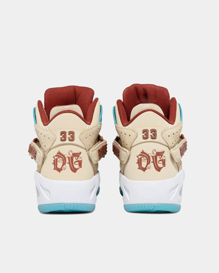 Ewing Athletics ROGUE x ICE T sneakers back view, featuring beige upper, maroon accents, embroidered "OG" design, and blue outsole.
