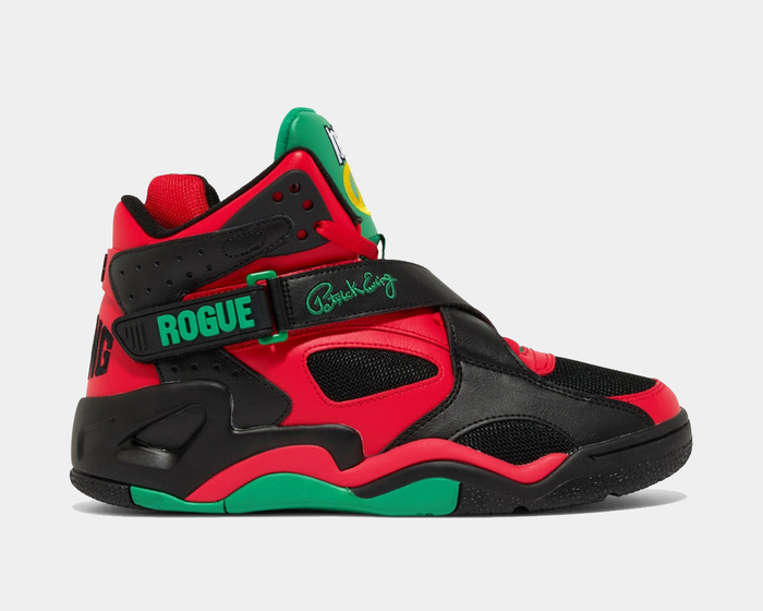 Ewing Athletics ROGUE x LOST BOYZ sneakers in red, black, and green with leather overlays and adjustable strap detail, side view