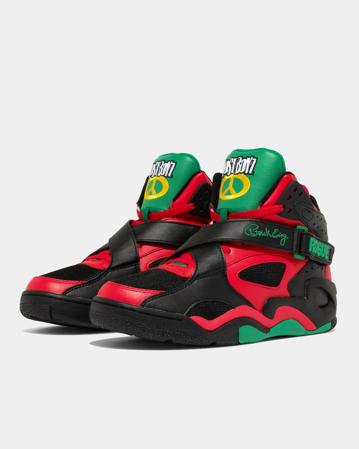 Ewing Athletics ROGUE x LOST BOYZ sneakers in black, red, and green with peace symbol design and signature strap detailing, front angle view.