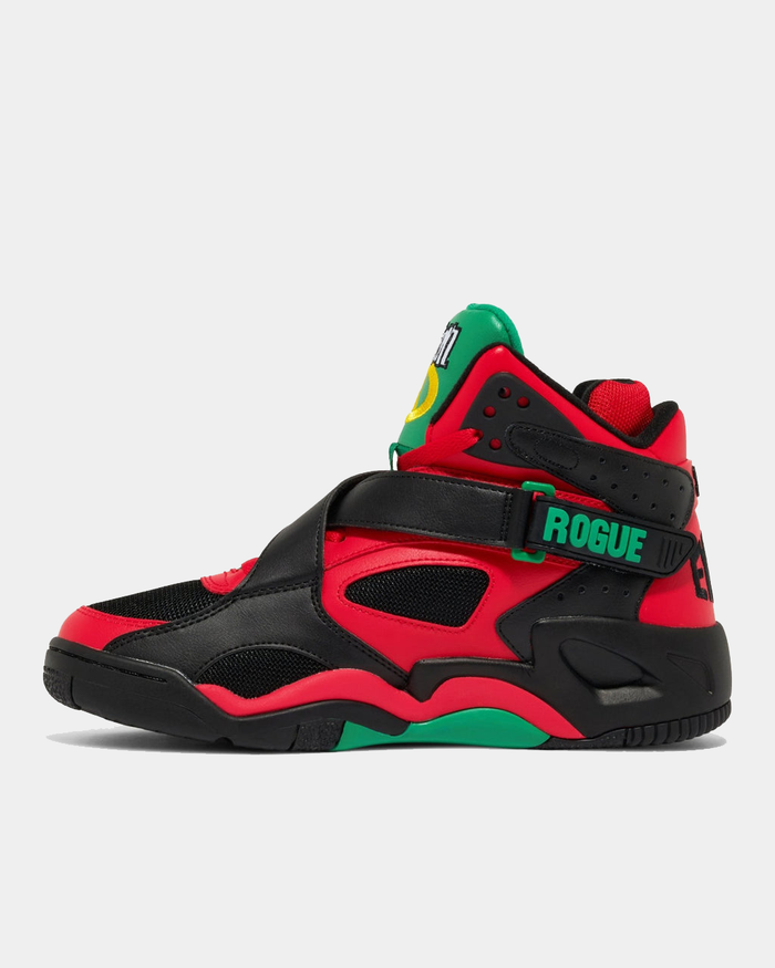 Ewing Athletics ROGUE x LOST BOYZ basketball shoes in black, red, and green with bold strap branding and perforated leather details, side view.
