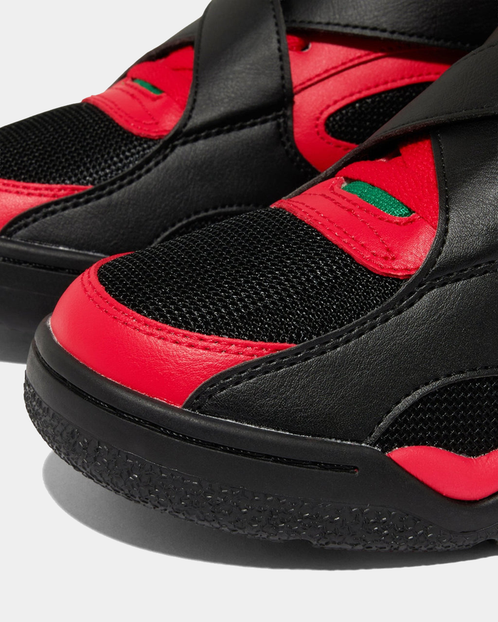 Ewing Athletics ROGUE x LOST BOYZ sneakers in black and red with mesh detailing, leather overlays, and textured outsole, close-up view