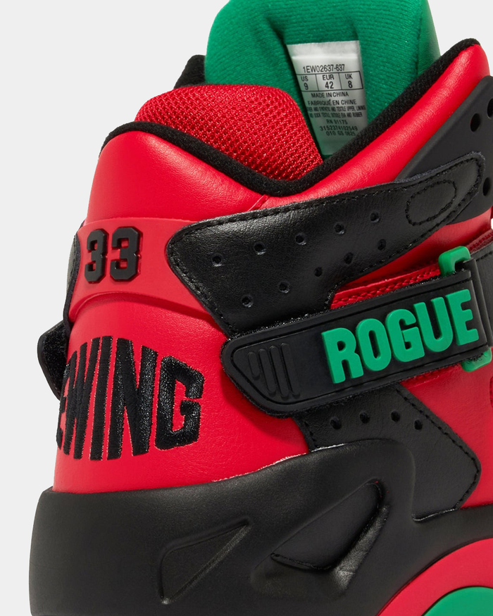 Ewing Athletics ROGUE x LOST BOYZ sneakers in red leather with black accents, green strap detail, and number "33," back angle.