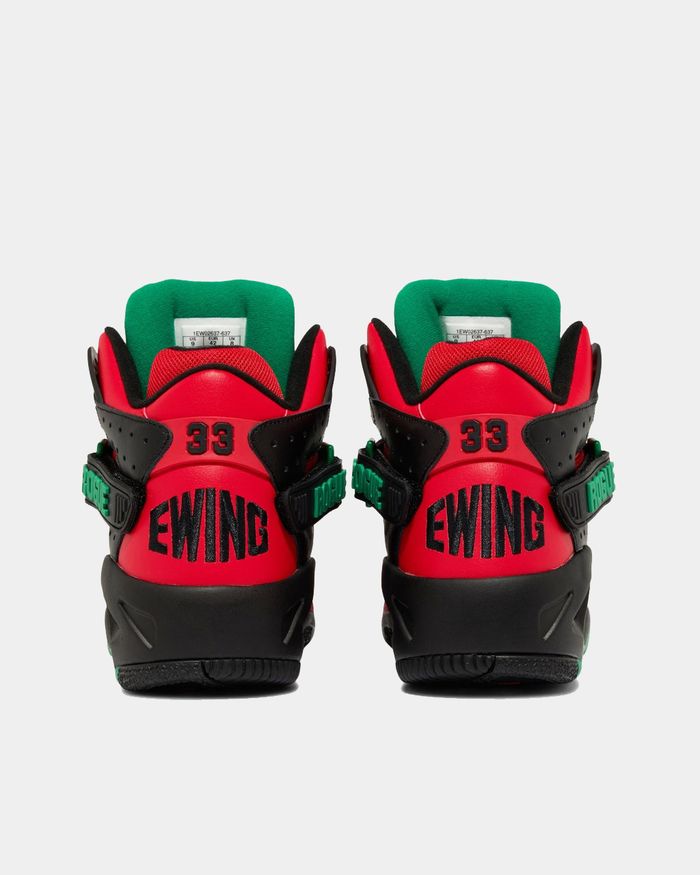 Ewing Athletics ROGUE x LOST BOYZ sneakers in red, black, and green with embroidered branding and heel straps, back view.