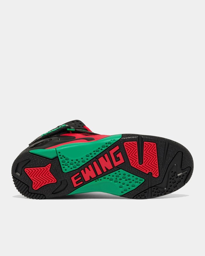 Ewing Athletics ROGUE x LOST BOYZ sneakers outsole showing bold Ewing branding and traction pattern in black, green, and red