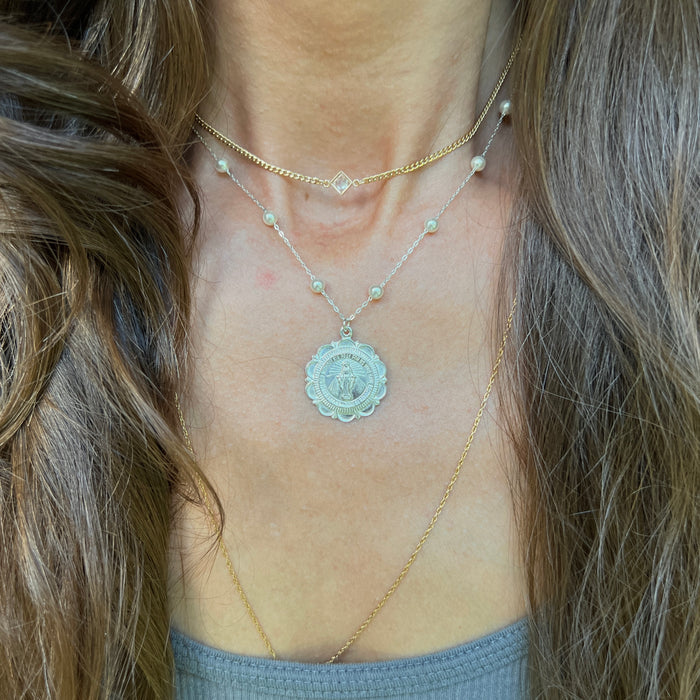 Scalloped Miraculous & Pearl Necklace- Sterling Silver