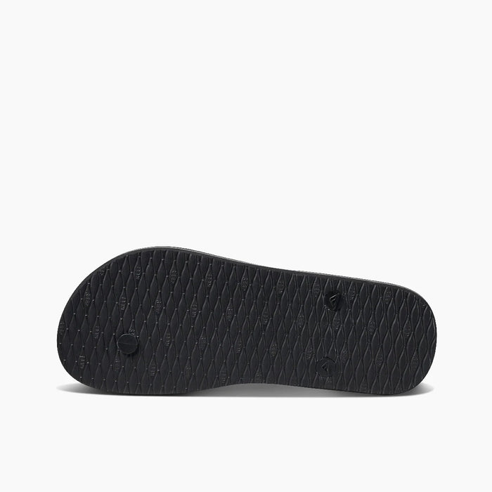 "Reef Seaside sandals black rubber sole with textured grip pattern, bottom view"