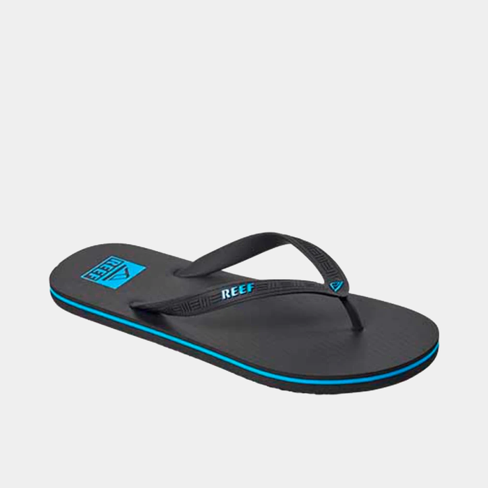 Reef Seaside flip flops in black with blue accents and textured straps, side angle view