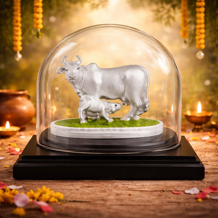 Silver Cow and Calf Silver Idols for Home Temple