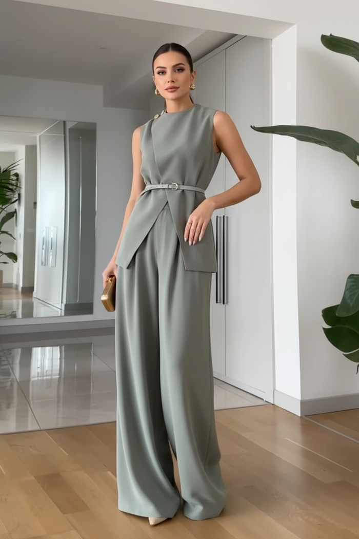 Sleeveless Top & Pants Set | Belted
