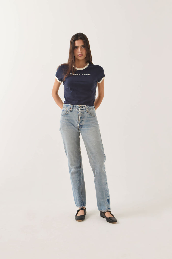 Women's Smoke Show Baby T-Shirt in the color Washed Navy/Whitecap - Women's Front Fit Image