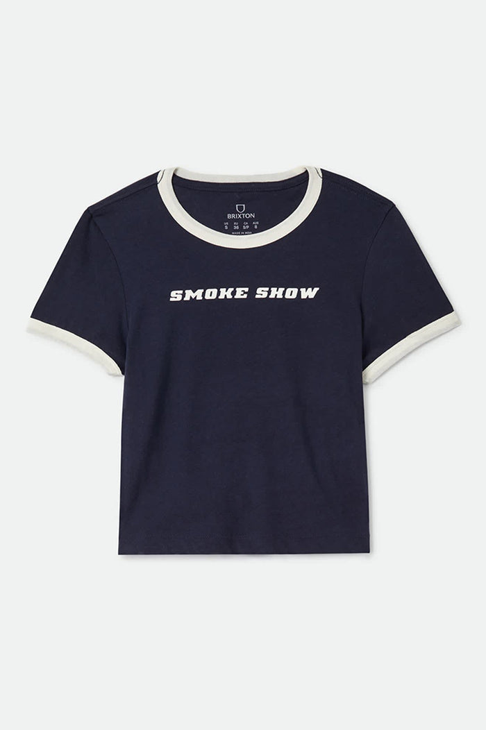 Women's Smoke Show Baby T-Shirt in the color Washed Navy/Whitecap - Front Product Laydown Image
