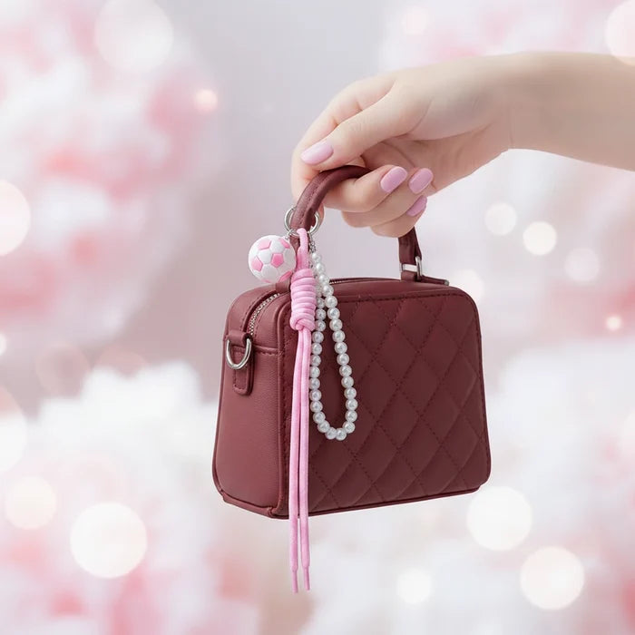 Soccer Ball Keychain with Braided Cord and Faux Pearl Strap – 25cm Sports Bag Charm & Backpack Accessory (KC-73398)