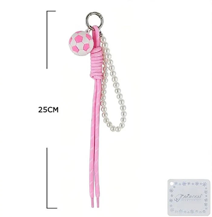 Soccer Ball Keychain with Braided Cord and Faux Pearl Strap – 25cm Sports Bag Charm & Backpack Accessory (KC-73398)