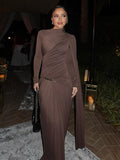 Solid Color Slim Fit Pleated Long Sleeve Dress