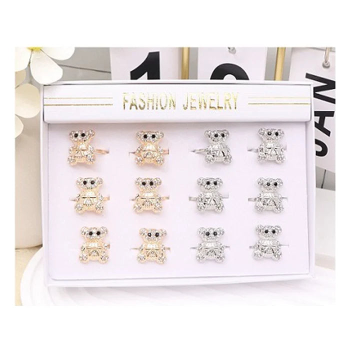 Sparkling Rhinestone Teddy Bear Statement Ring – Cute Fashion Jewelry for Women & Girls (Gold & Silver Tone)  (ARI1197)